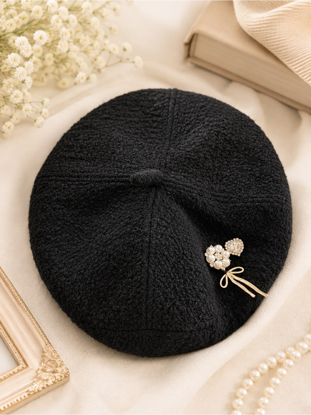 NEW- A New Day Beret Womens One Size Black Satin Lined Pearl Rhinestone Boucle